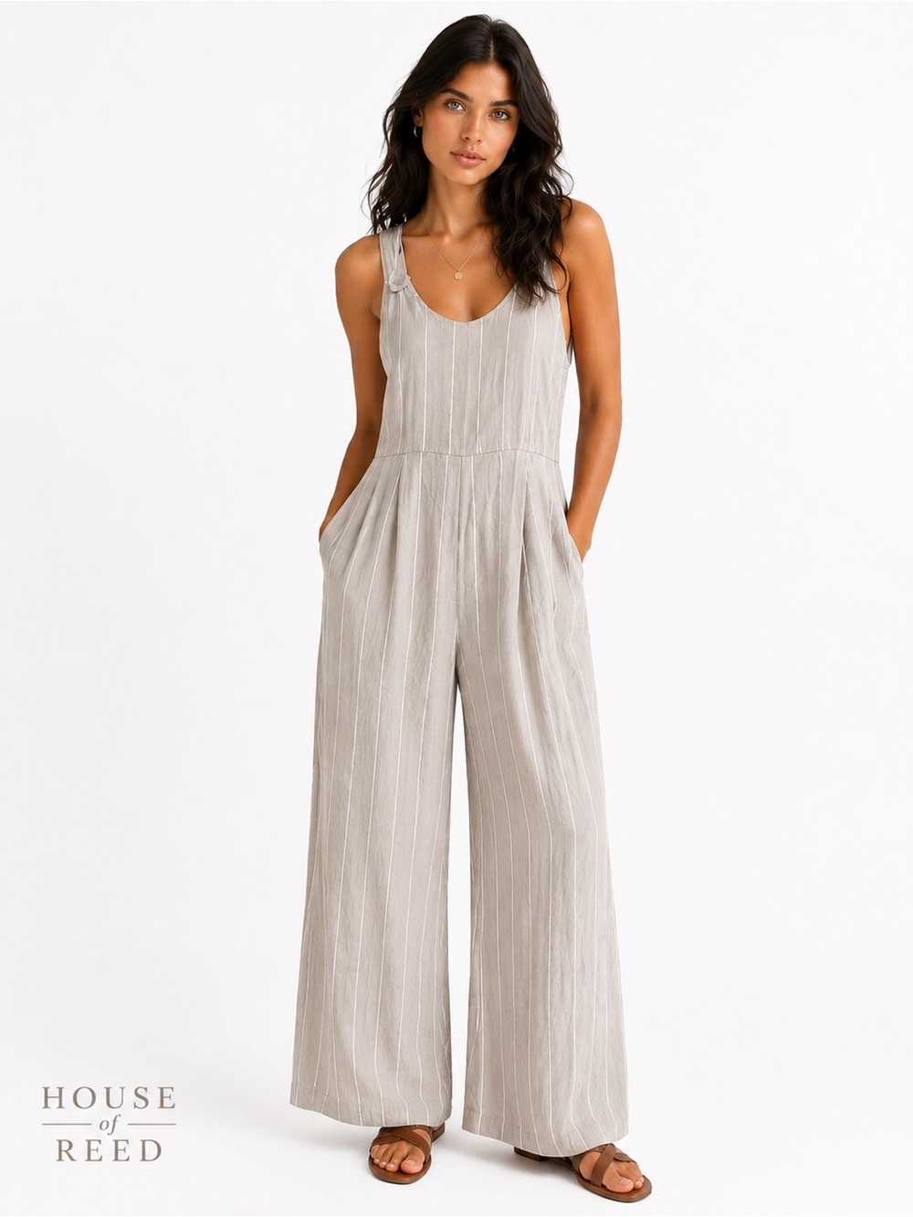 Orange Creek Los Angeles Tencel Linen Blend Wide Leg Jumpsuit M Neutral Stripe